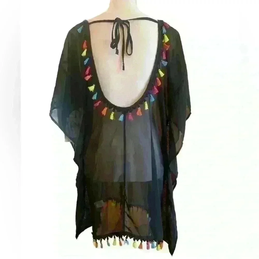 MIKEN Swim Coverup Black Tassles sz M